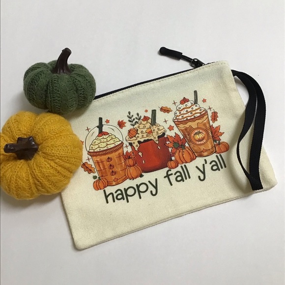 Fall Pumpkin Spice Latte Coffee Cosmetic Bag Canvas Zip Happy Fall Y’all NEW - Picture 9 of 11